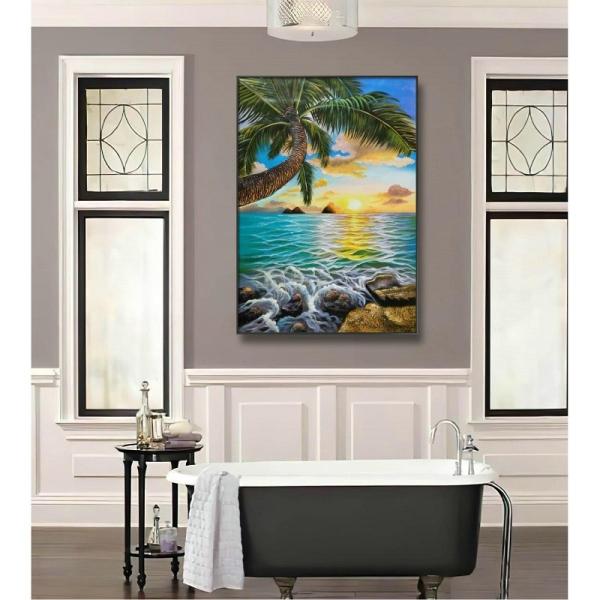 Pinturas a óleo feitos a mão do Seascape das palmeiras da lona para a decoração da casa