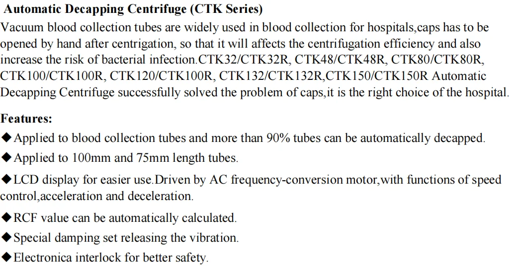 Low speed centrifuge for vacutainer automatic decapping centrifuge vaccum blood tube centrifuge