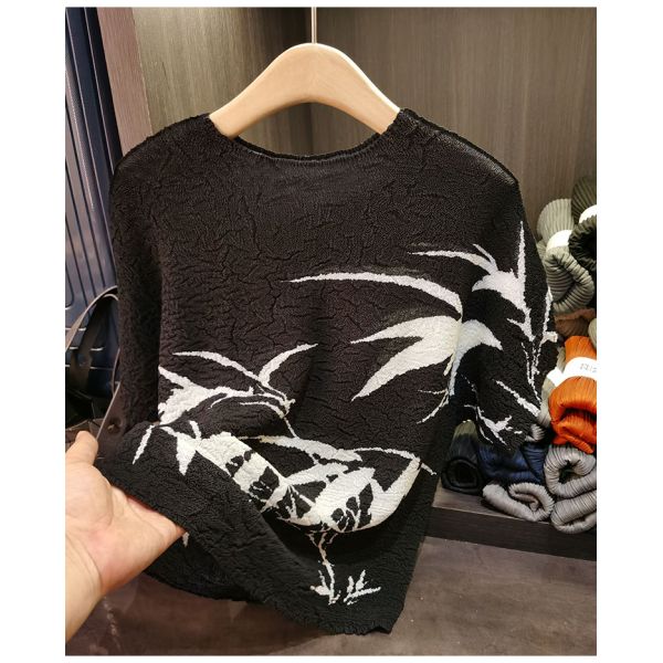 Retro pleated summer new Chinese ink bamboo print T-shirt fashionable plus size women's casual top