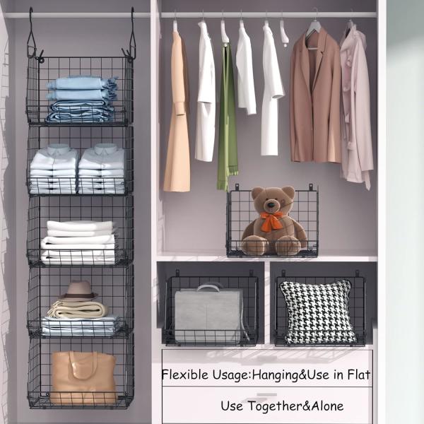 X-COSRACK 4 TIER FOLDABLE CLOSET ORGANIZER, CLOTHES SHELVES WITH 5 S HOOKS, WALL MOUNT&CABINET WIRE STORAGE BASKET BINS,