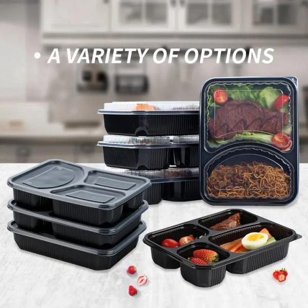 Packaging 3 Compartments Takeout Boxes Black Microwave Plastic Lunch Box Food Containers Wholesale