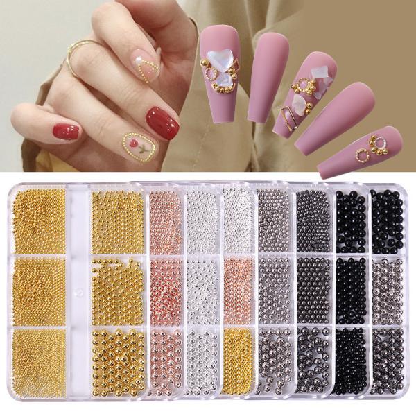 Steel Balls 3D Nail Art Decorations 6 Grid Mixed Metal Round Bead Nail Charms in