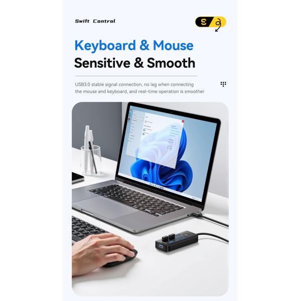 Essager ES-HB04 7-Port USB 3.0 Hub for Laptop PC 5Gbps Data Transfer