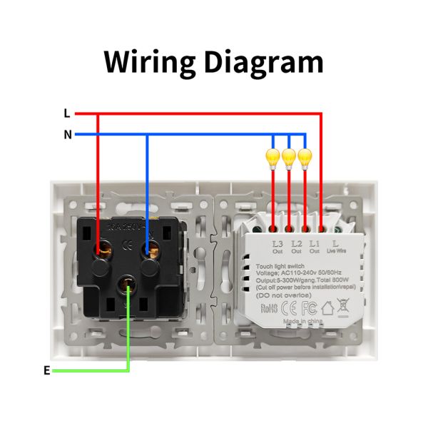 157*86mm European Standard Touch Light Switch with Tempered Glass Panel and Single Live Wire Control