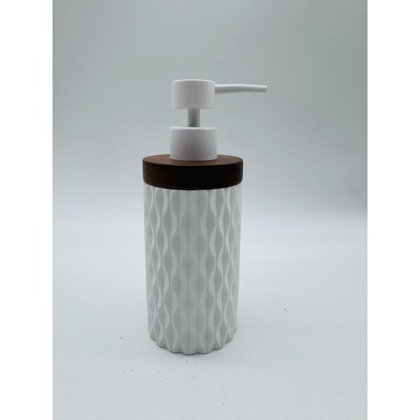 Sand Stone bathroom accessories soap dispenser round with diamond dot and wood accessories toothbrush cup
