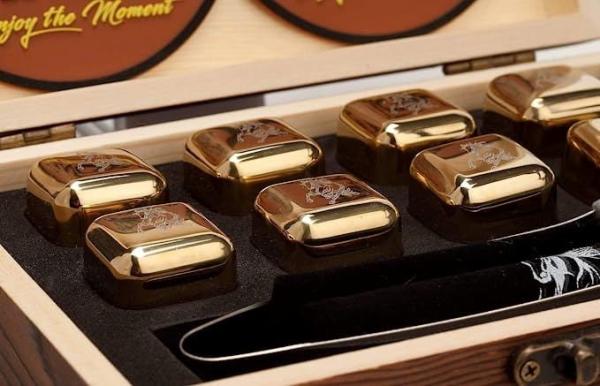 Whiskey Stainless Steel Stones Gift Set 8 Golden Ice Cubes Reusable Chilling Rocks