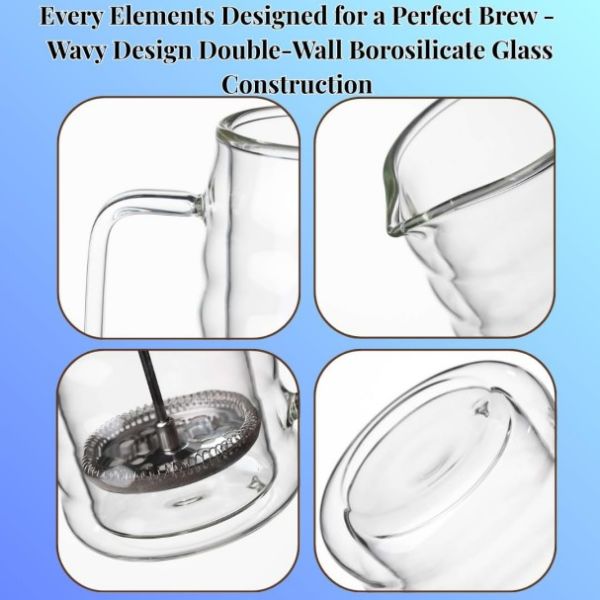 Double Wall Borosilicate Glass French Press Wavy Design Coffee Maker Modern Style