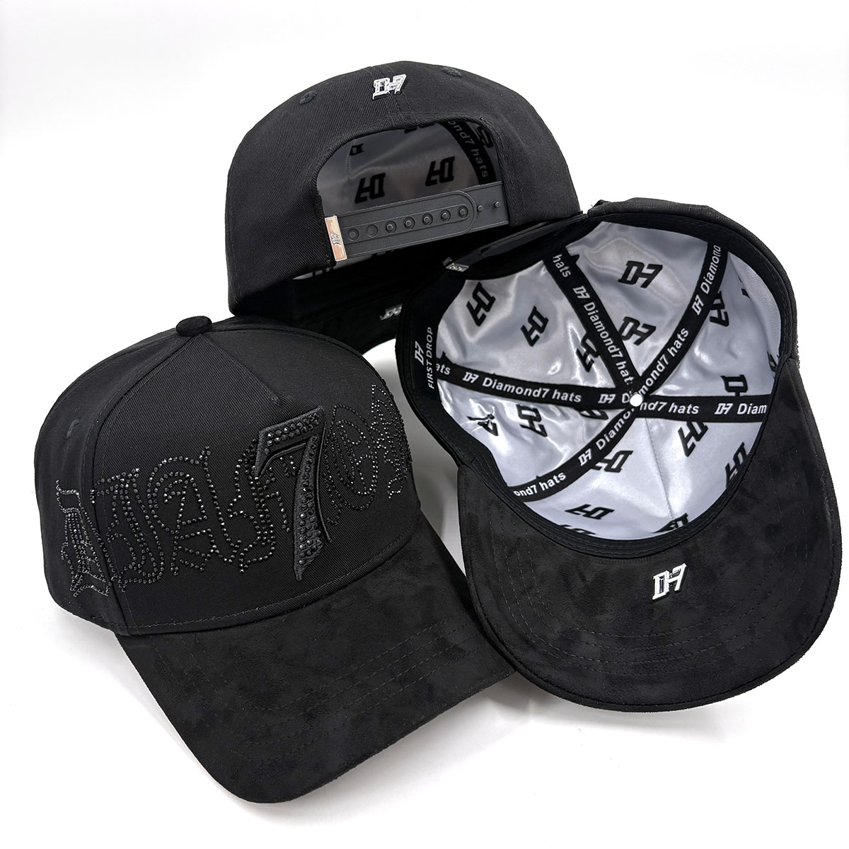 3D Embroider Gorras Metallic Baseball Caps Tags Cotton Suede Visor Gamuza Satin Lining Brand Tube Rhinestone Diamond