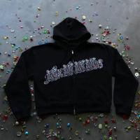 Custom Men's 100% Cotton Heavyweight Embroidery Distressed Acid Wash Boxy Cropped Zip Up Rhinestone Hoodies For Men