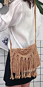 Straw Tote Bag for Women Handwoven Cotton Straw Shoulder Bag Crochet Tassel Beach Bohemian Purse for Women