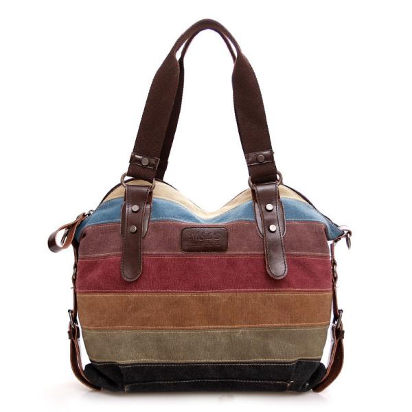 TREND NEW RAINBOW STRIPED CANVAS BAG FASHION PATCHWORK WOMEN'S BAG WATER WASH CLOTH BAG