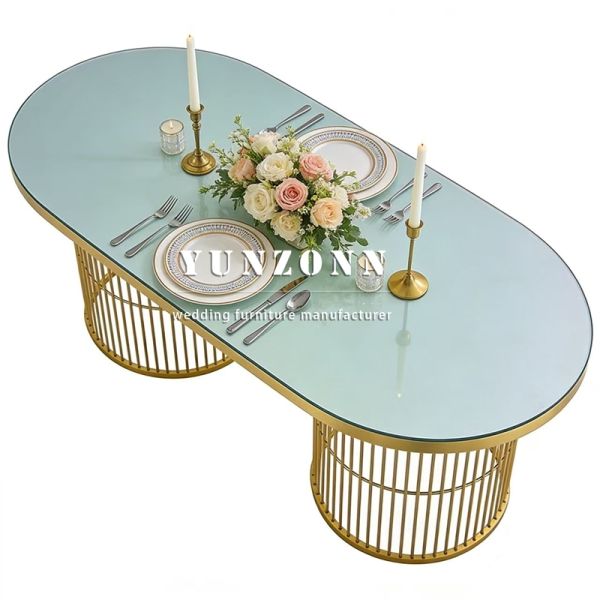 Luxury Stainless Steel Restaurant Banquet Party Modern Dining Wedding Tempered Glass Durable Table