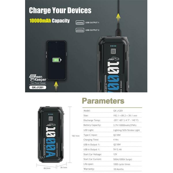 Общий выход Green Keeper 12V 24V 1000A Аккумуляторный стартер для транспортных средств