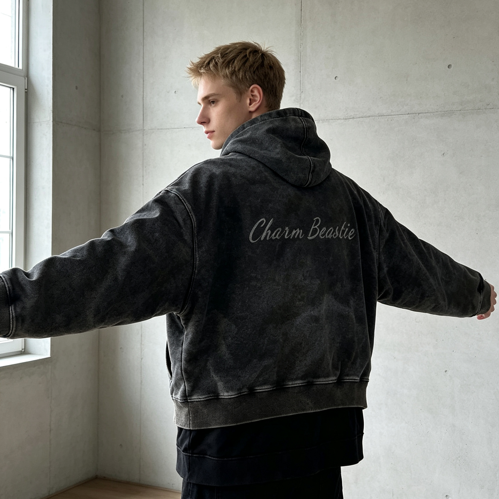 A530 Chiying Vintage Acid Wash Double Layer Zip Up Hoodie Men Oversized Cursive Back Print Streetwear Jacket