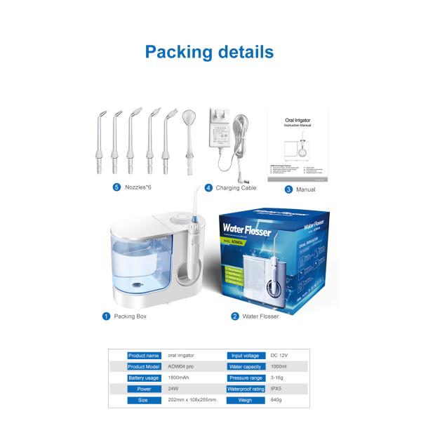 Countertop Oral Water Flosser Wireless With 6 Replacement Jet