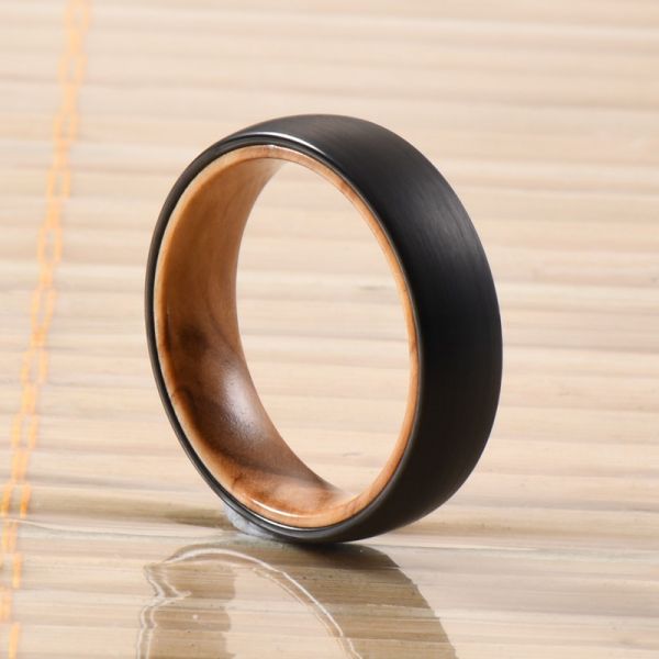 Jewelry Type Dome Style Comfort Fit Men's Wedding Ring with Olive Wood Inlay 6mm Silver or Black Tungsten Ring
