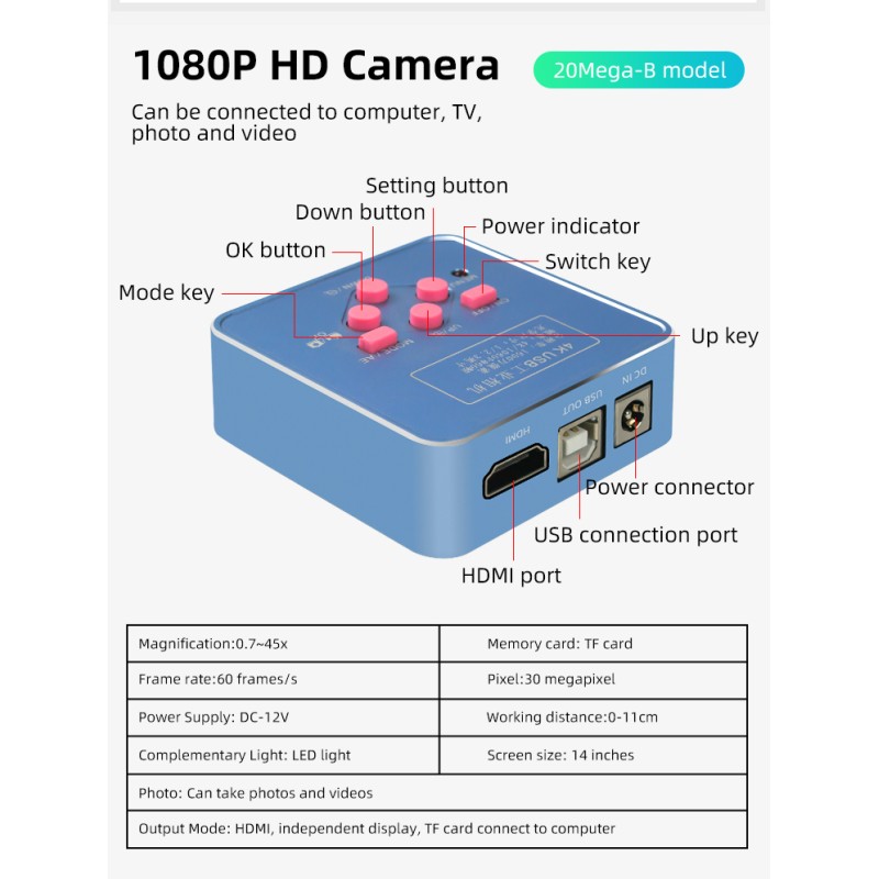 OEM/ODM 4K 20MP Industrial Camera Digital Electron Microscope 20X Digital Zoom USB Output 1/2.3 Inch CMOS Sensor Camera