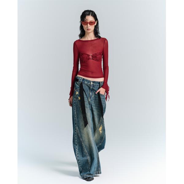Streetwear Fashion Y2K Style Wide Straight Leg Fit Denim Jeans with Hole Decoration