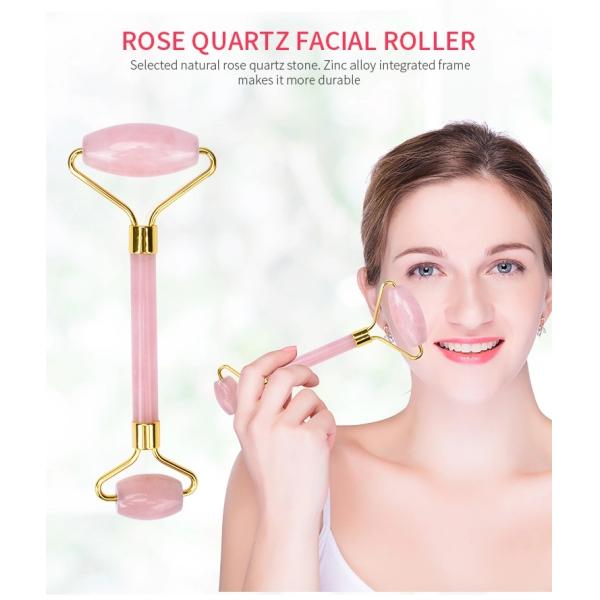 Facial Jade Roller with Double Rollers in Natural Rose Gold Rose Quartz Material