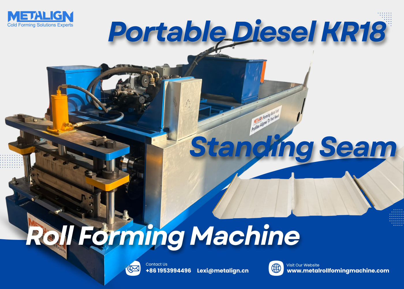 Portable KR18 Standing Seam Roofing Roll Forming Machine With On-Site Diesel Capability and PLC Control