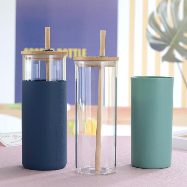 Colorful Portable Dishwasher Safe Glass Tumbler With Silicone Sleeve High Borosilicate Glass Smoothie Tumbler With Bamboo Lid Reusable Design