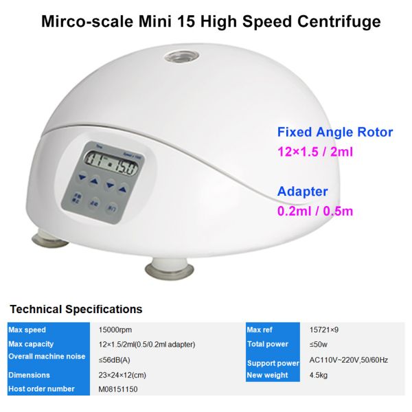 Mini15 Laboratory Benchtop Mini Centrifuge with 15,000 RPM Brushless Motor and Nano Ceramic Coated Chamber