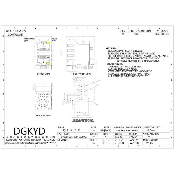 DGKYD21Q418DF5A2D2057 Metal Shielded Cat6a Rj45 Connector 2x1 Stacked