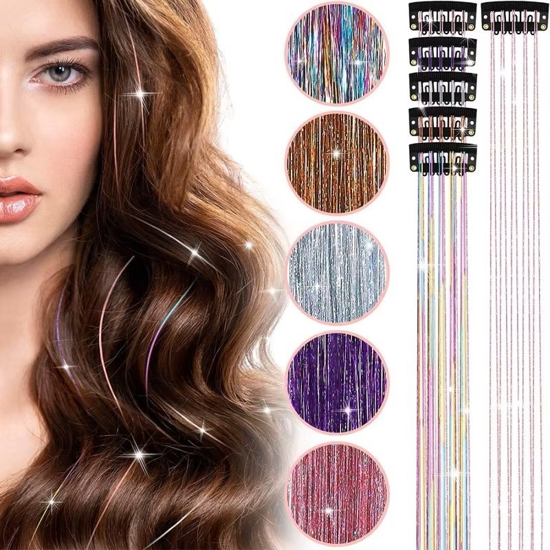 20 Inches Glitter Hair Tinsel Clip in Dreamy Colorful Fairy Hair Tinsel Extensions