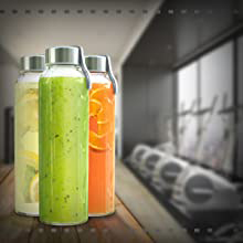 Clear Glass Water Bottles, Reusable Glass Juicing Bottles Protection Sleeve and Stainless Steel Leak Proof Lids