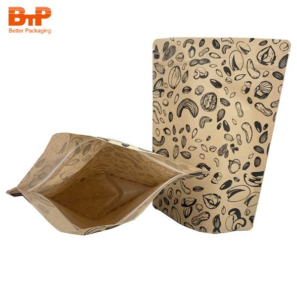 MOQ 100pcs Customized Size and Logo Kraft/PLA Paper Packaging Bags Compostable and Biodegradable Bags With Zipper Bag for Food