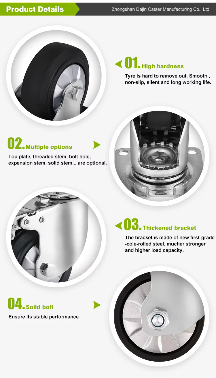 High Quality Industry Thermoplastic Rubber and Steel Caster Wheel Double Ball Bearing Swivel with Brake Mid Heavy Duty 5inch