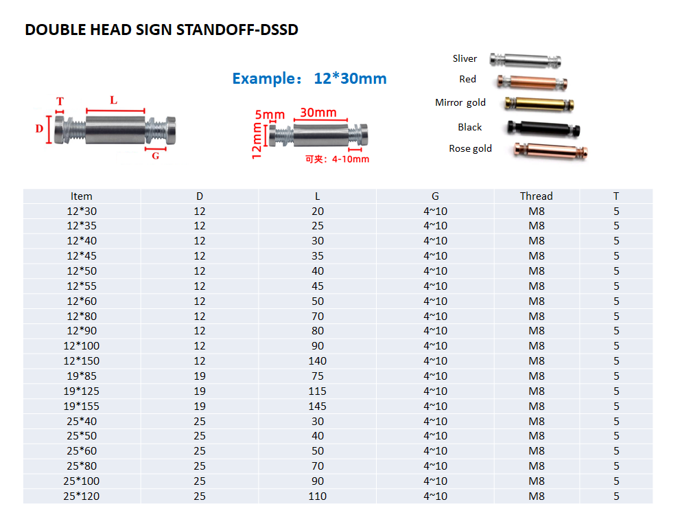 Stainless Steel Double Head Advertising Screw for Acrylic Glass Standoff Spacer 12*30mm M8 Passivated