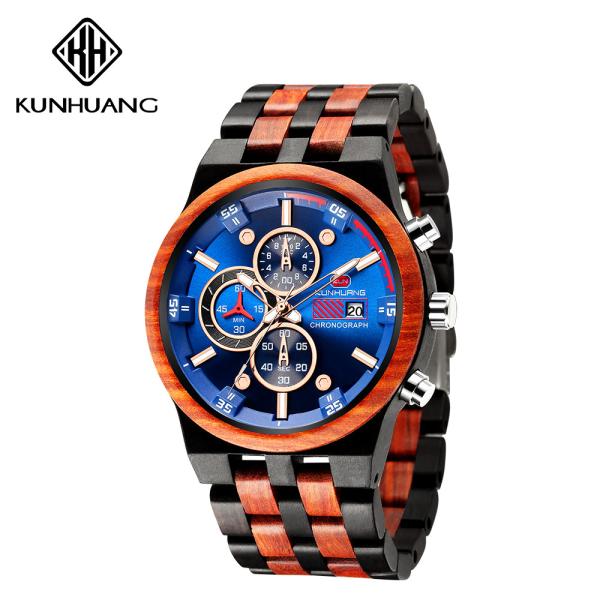 Man Blue Dial  Stripes Wooden Quartz Watch Business Wristwatch Water Proof 1020-2