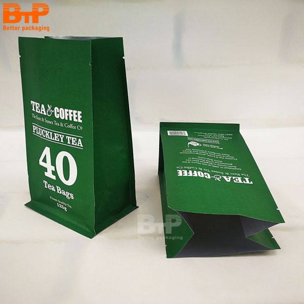 100g 200g 300g Aluminum Foil Quad Seal Flat Bottom Tea Coffee Printed Brown Kraft Paper Food Packaging Plastic Bag