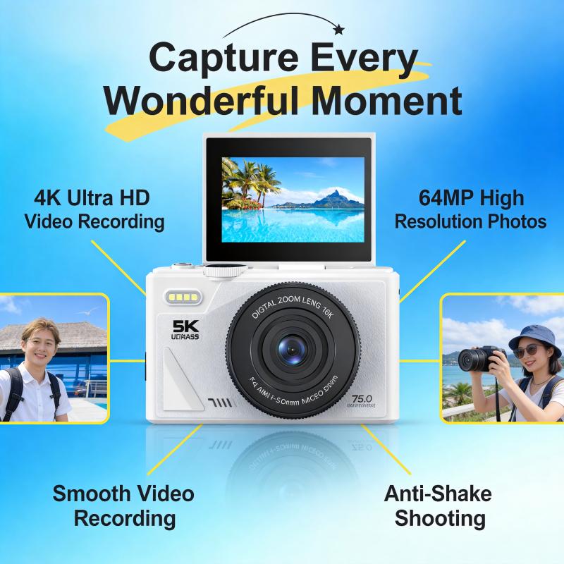 DLC W1 Vlogging Camera 5K 64MP Digital Camera with 180° Flip Screen 18X Zoom Slow Motion Time Lapse for Content Creators
