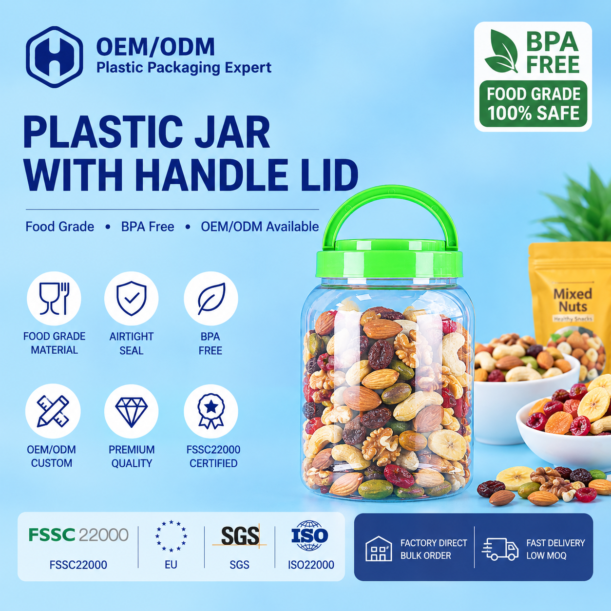 Large Capacity PET Jar For Family Size Mixed Nuts Trail Mix And Dry Snack Packs
