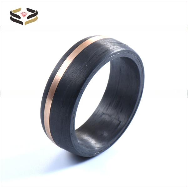 Anillo de boda para hombre con incrustaciones de círculo de oro rosa y fibra de carbono negro de 8 mm para compromiso