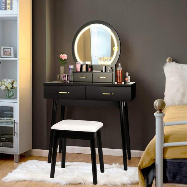 Black MDF Wood 140cm Height Makeup Dresser With Lighted Mirror