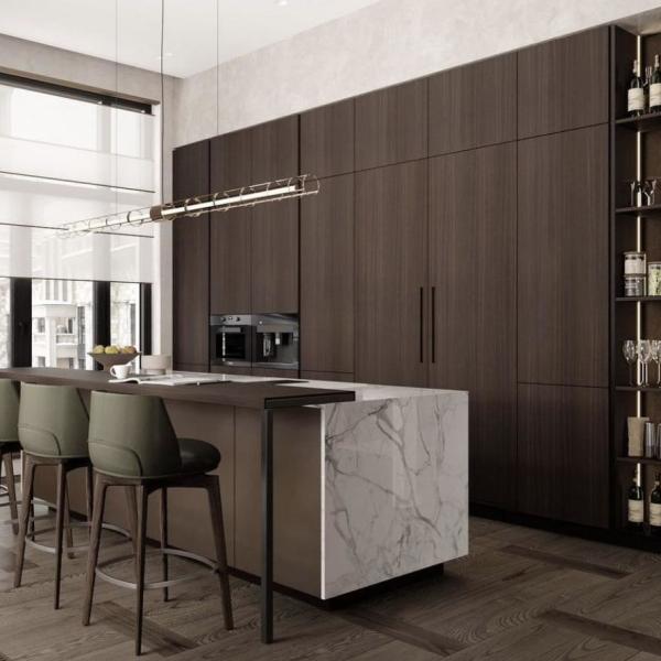 Muebles de cocina de madera maciza en el hogar incluye una encimera de superficie sólida para el salón