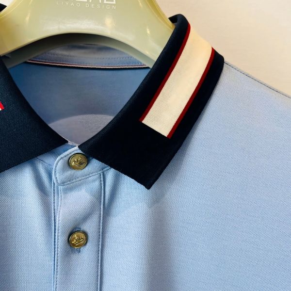 Men's Light Blue Polo Shirt with Contrast Collar &Embroidered Logo Business-Casual Style Men's Pique Polo Shirts