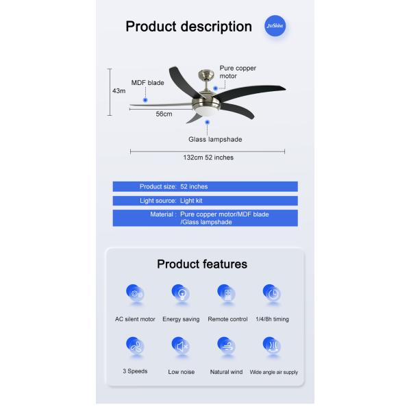 Lâminas modernas de controle remoto internas da madeira compensada do fã de teto 5 do diodo emissor de luz de 52 polegadas