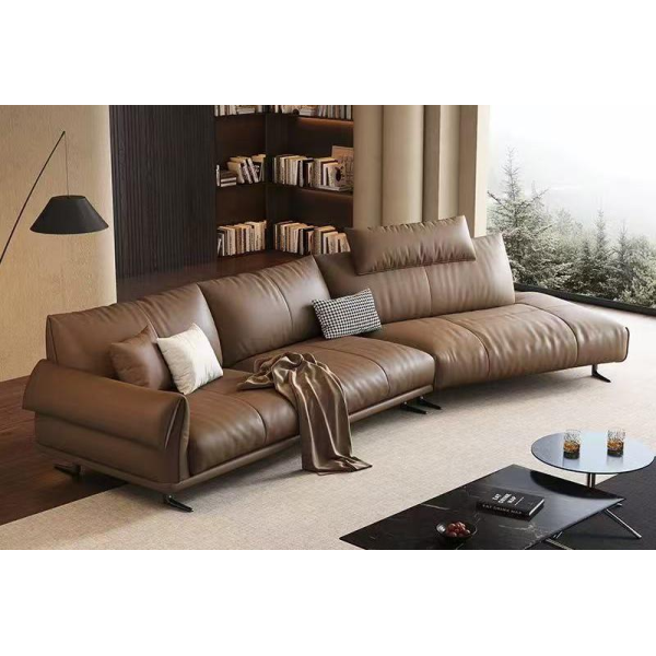 Sectional Genuine Leather Sofa with Wood and Metal Frame for Hotel Lobbies