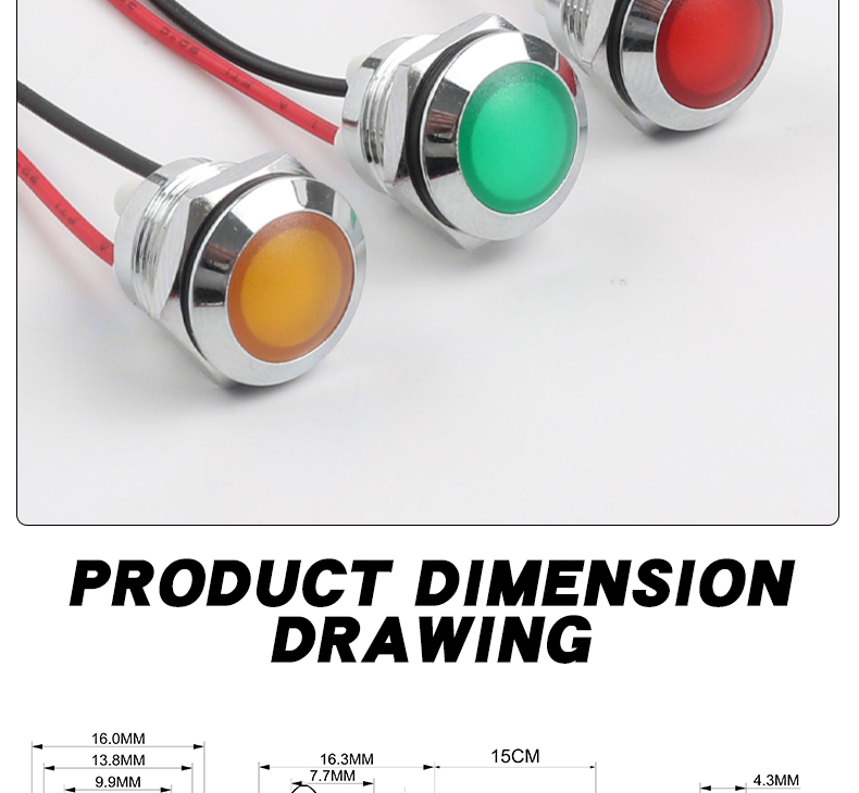 IP66 12mm Metal Power LED Indicator Light 150mm Industrial Control Red Green Yellow Blue White 6V 24V 220V 50000 Hours Lifespan