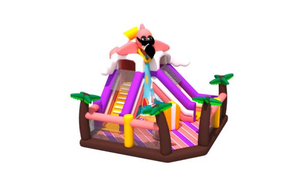 New Flamingo Beach Theme Colorful Inflatable Fun City Coconut Palms Inflatable Bounce with Slide Commercial Inflatable
