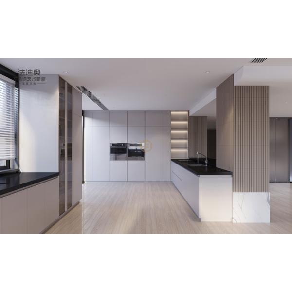 Elegant Grey Stainless Steel Kitchen Cabinet With Curved Island And Multiple Storage Solution