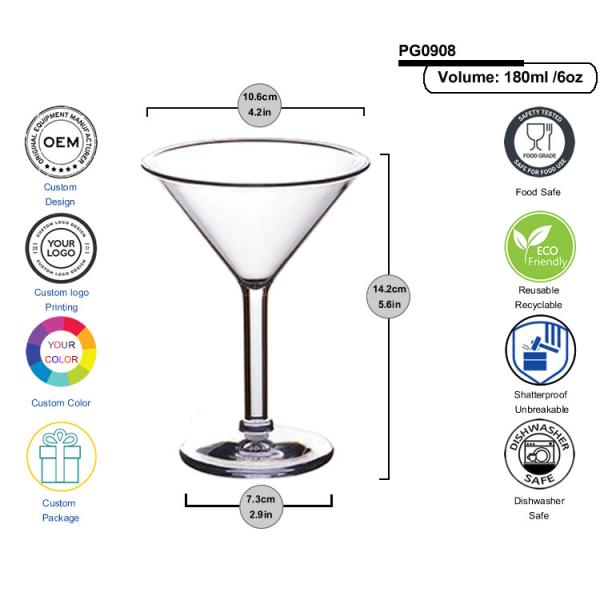 6oz Plastic Martini Glasses Unbreakable Crystal Clear Acrylic Cocktail Glasses