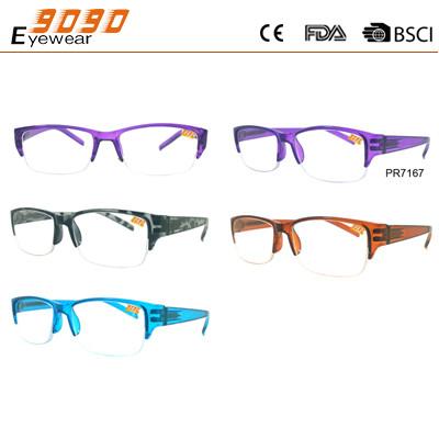 Fashionable half rim reading glasses,power range +1.0 to +4.00,made of plastic