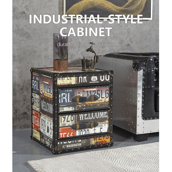 Nidea #313 Handcrafted Durable Multi-Purpose Vintage Wood Antique Home Furniture Living Room Cabinet Retro License Plate Design Featuring