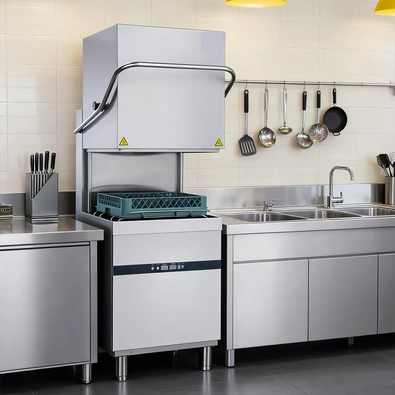 Commercial Hood Type Dishwasher with High Temperature Washing and Stainless Steel Construction for Compact Kitchen Spaces