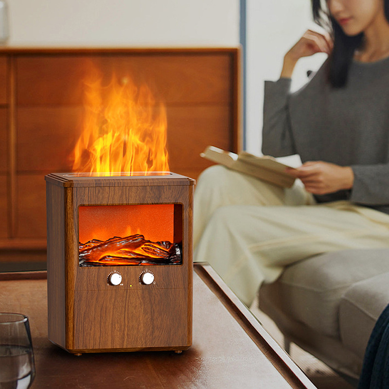 Portable 3L Electric Cool Mist Ultrasonic Humidifier with Wooden Grain Design and Flame Light for Household